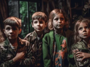 Imagen de cinco niños de entre 5 y 7 años de edad, vestidos con ropa de camuflaje, están preparados para la aventura épica que les espera. En el misterioso Bosque Salvaje del Barrio de Gracia de Barcelona, estos pequeños aventureros se embarcan en una misión vital para salvar animales en peligro de extinción. Correspondiente a la categoría de explorador y experiencias originales para niños en Barcelona - Regalexia.